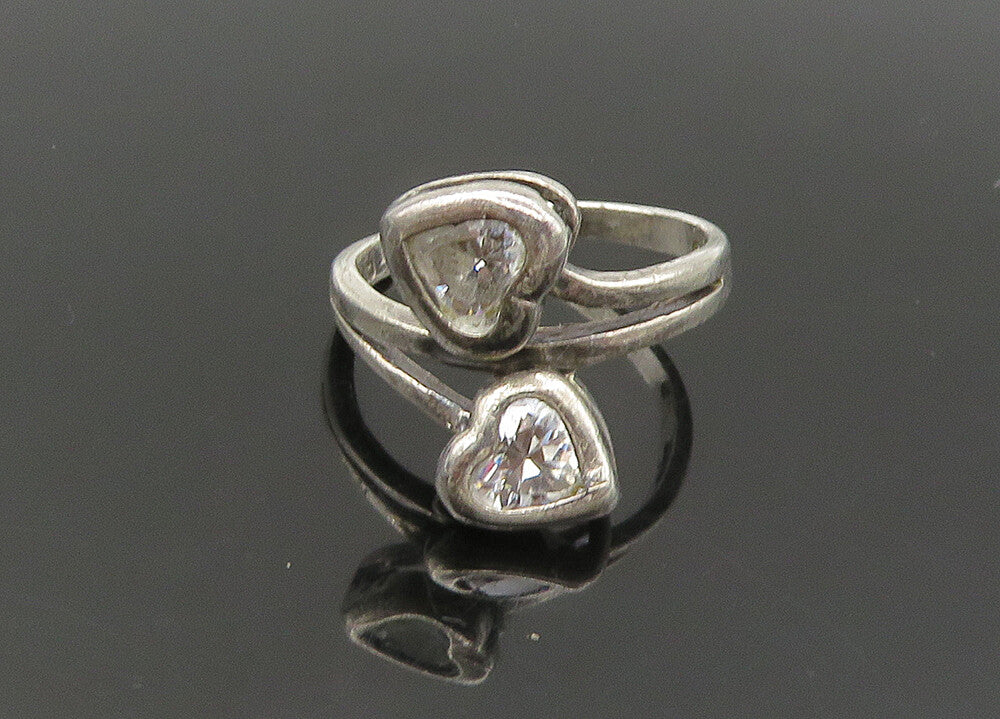 925 Sterling Silver  Vintage Topaz Love Hearts Bypass Band Ring Sz 6  RG22133