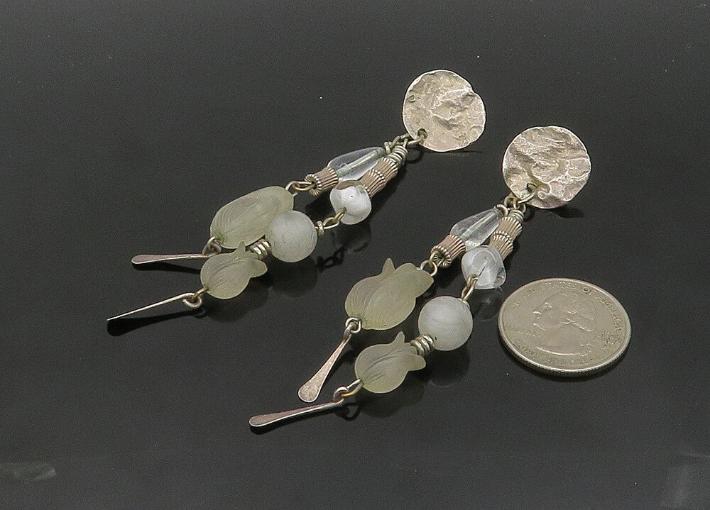 925 Sterling Silver  Vintage Quartz Flower Beaded Dangle Earrings  EG10278