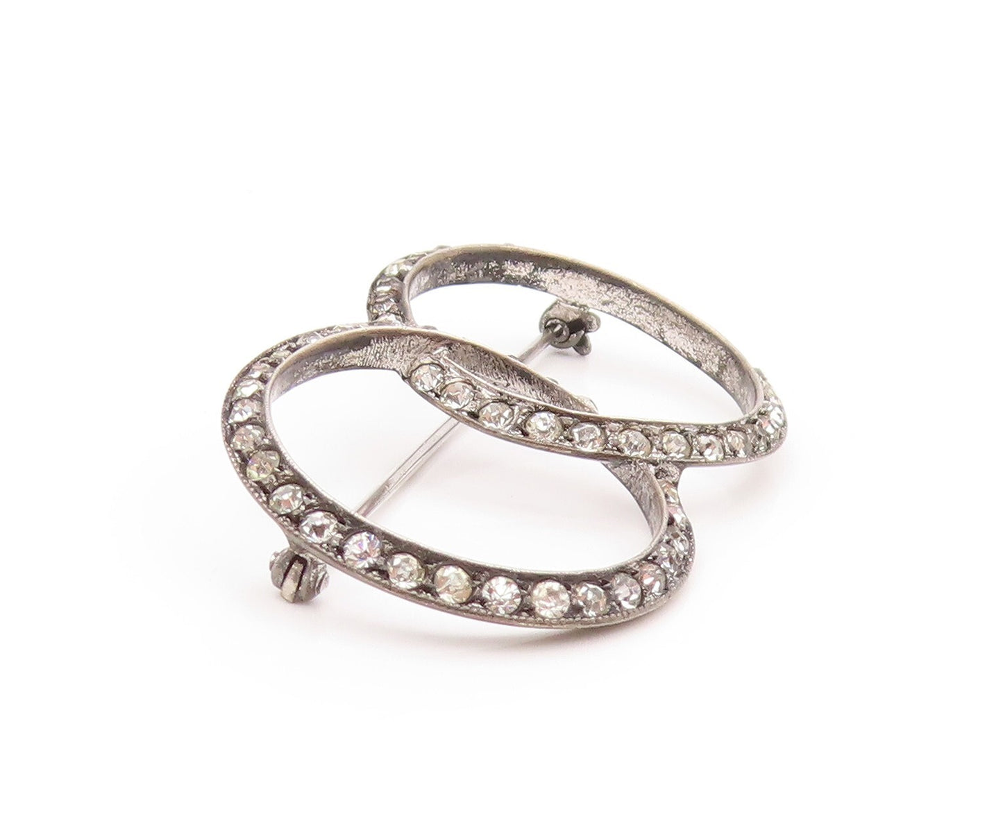 925 Sterling Silver Vintage Brooch Dark Tone CZ Interlocked Rings  BP11506