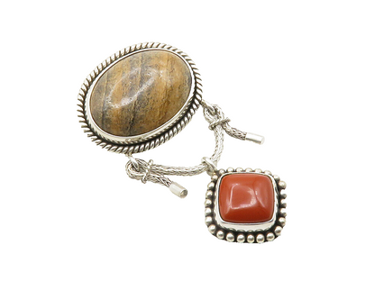 BALI 925 Sterling Silver  Vintage Cabochon Cut Jasper Twist Brooch Pin  BP4739