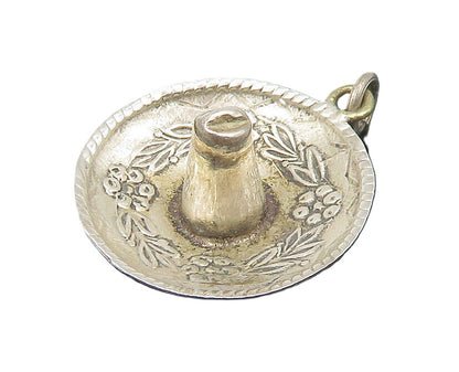 925 Sterling Silver  Vintage Petite Floral Sombrero Hat Pendant  PT18532