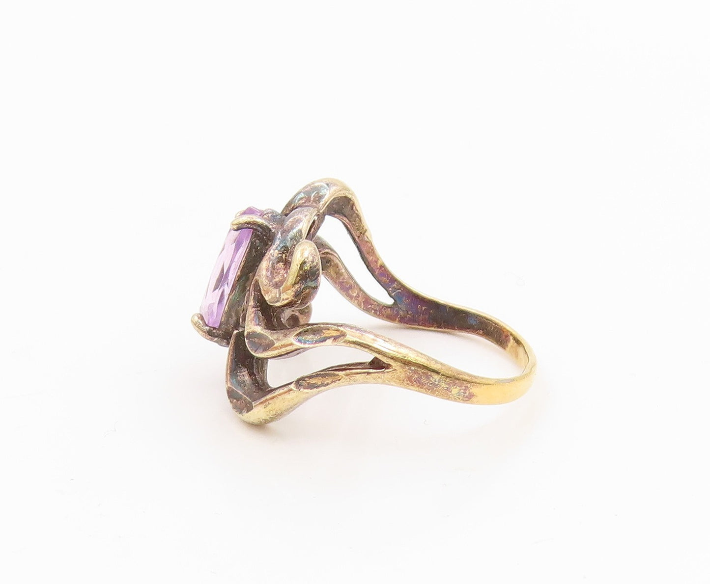 925 Sterling Silver Vintage Ring Gold Plated Marquise Cut Amethyst Sz 7 RG35887