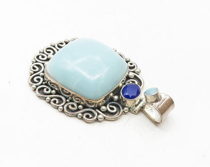 BALI 925 Sterling Silver  Vintage Larimar & Lapis Lazuli Swirl Pendant  PT7642