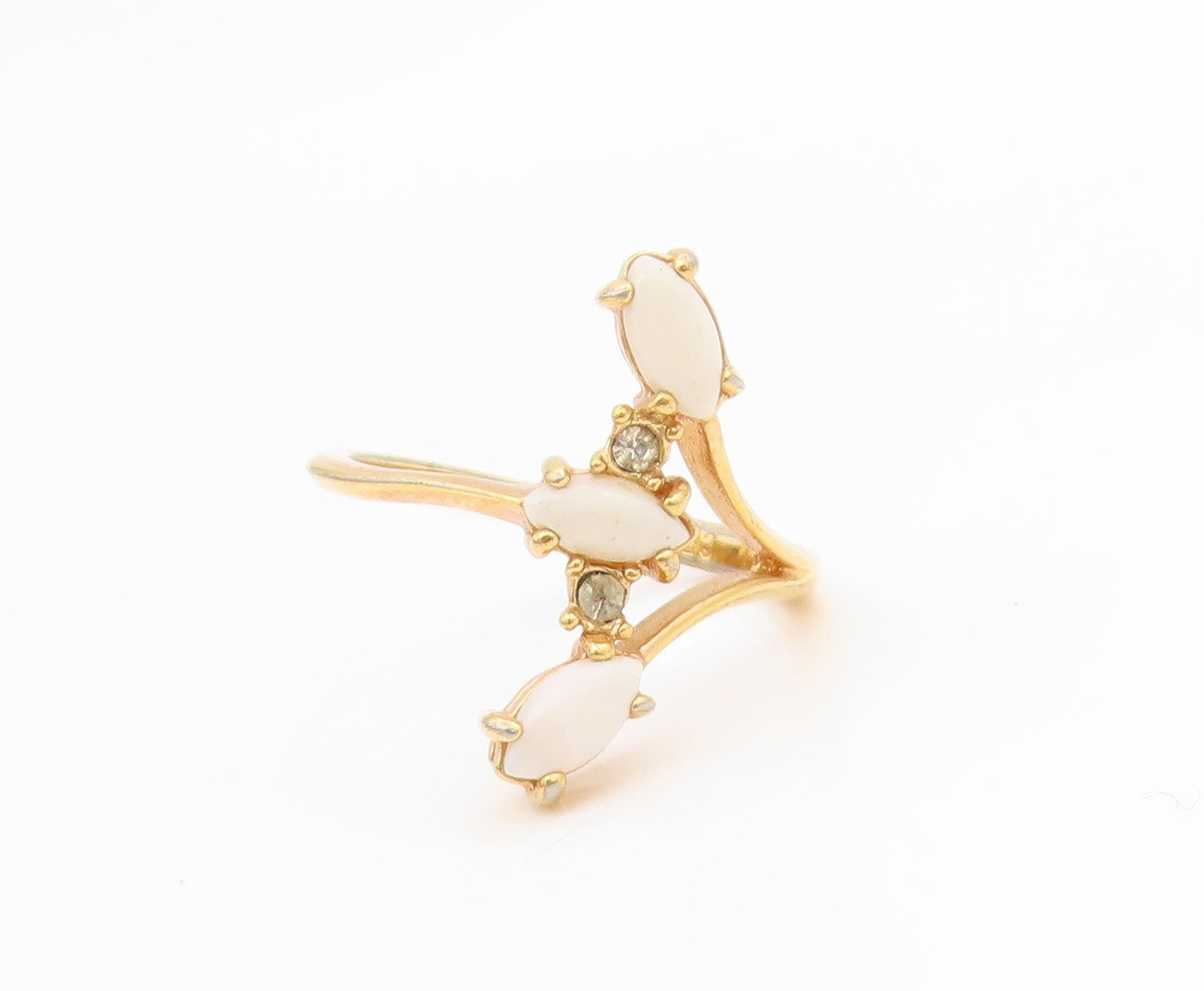 925 Sterling Silver Vintage Ring Gold Plated White Opal & CZ Band  Sz 7  RG34576