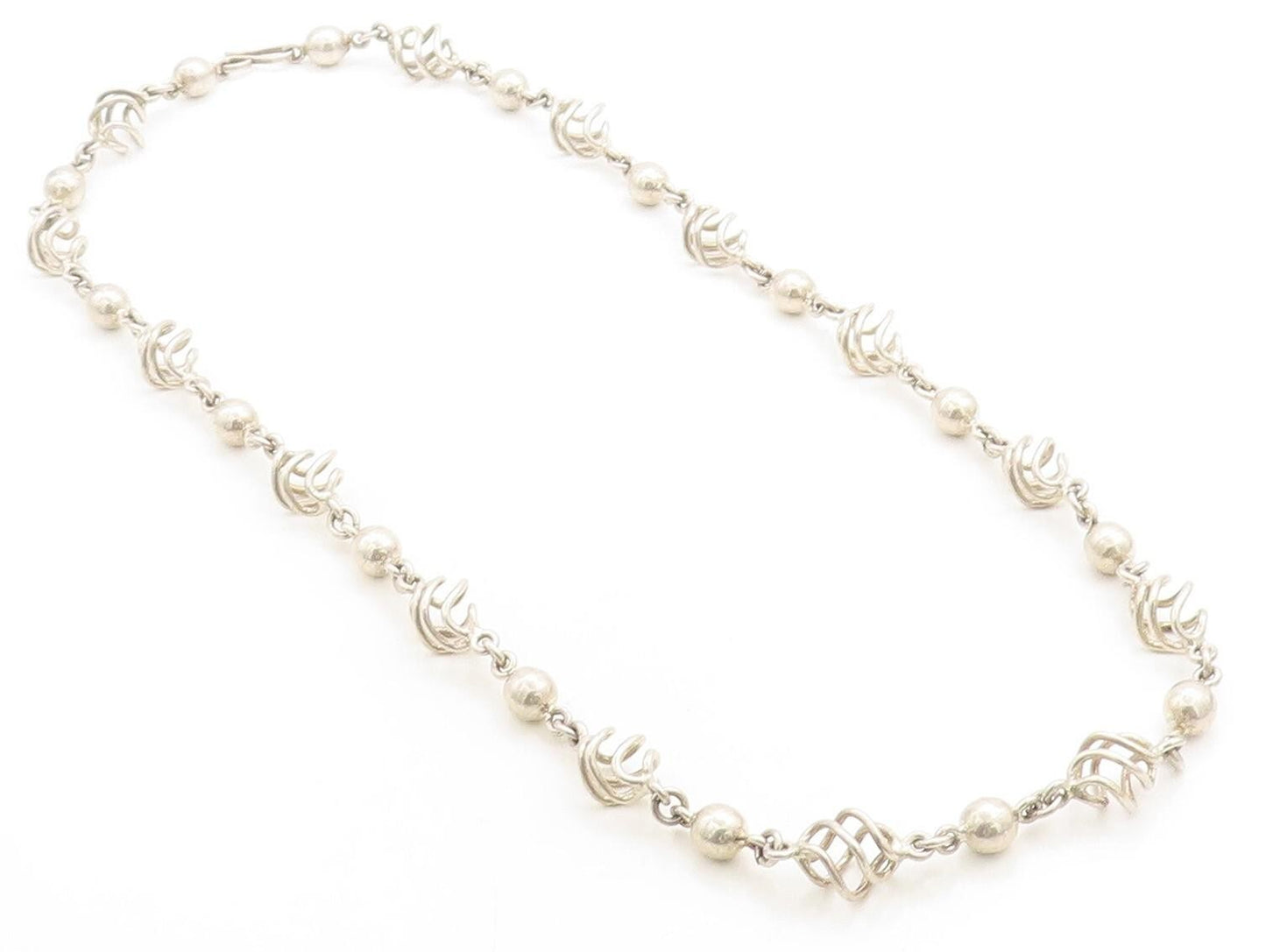 MEXICO 925 Sterling Silver Vintage Spiral Cage Link Chain Necklace  NE1605