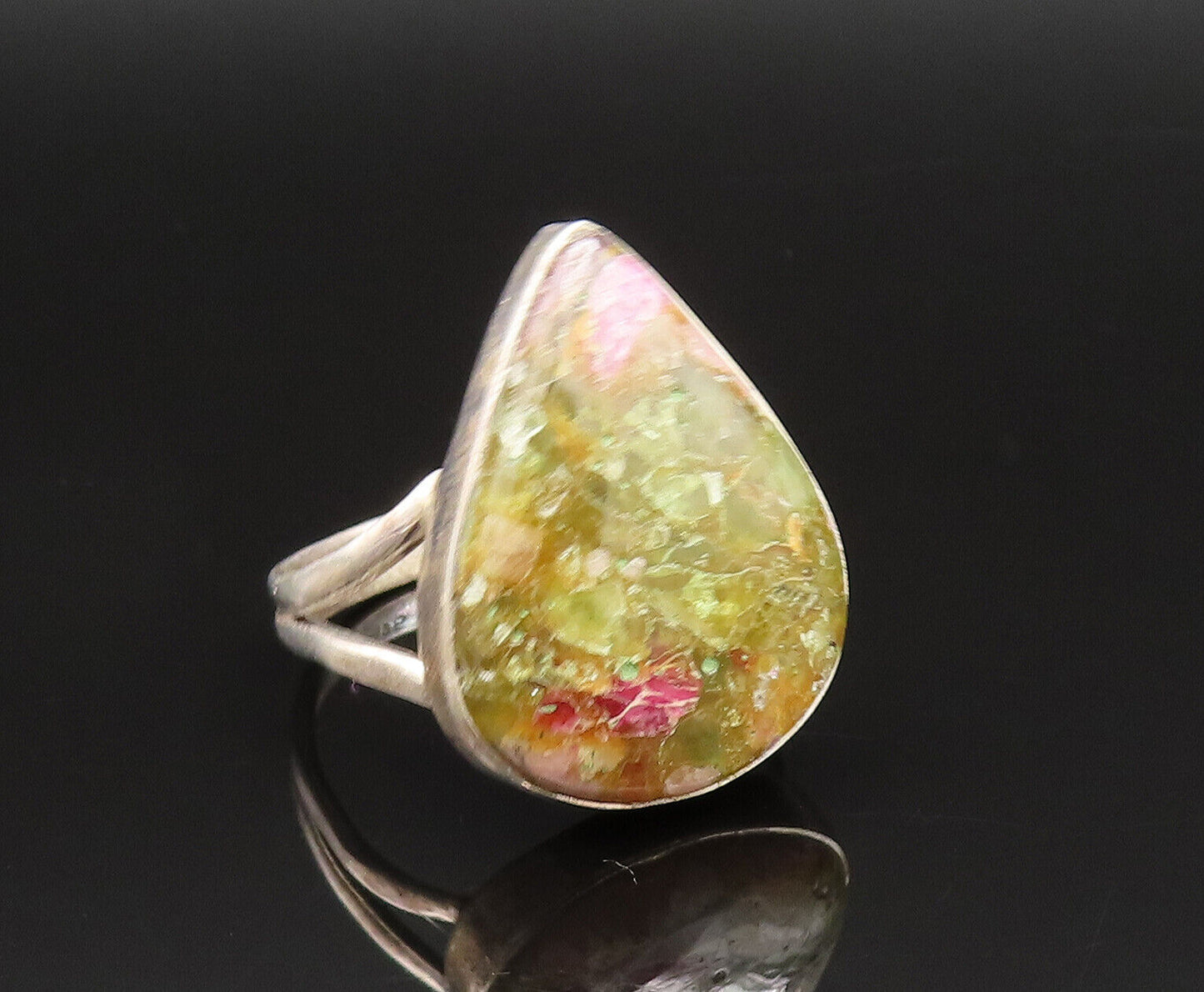 925 Silver  Vintage Pear Shaped Unakite Split Shank Ring Sz 11.5  RG25669