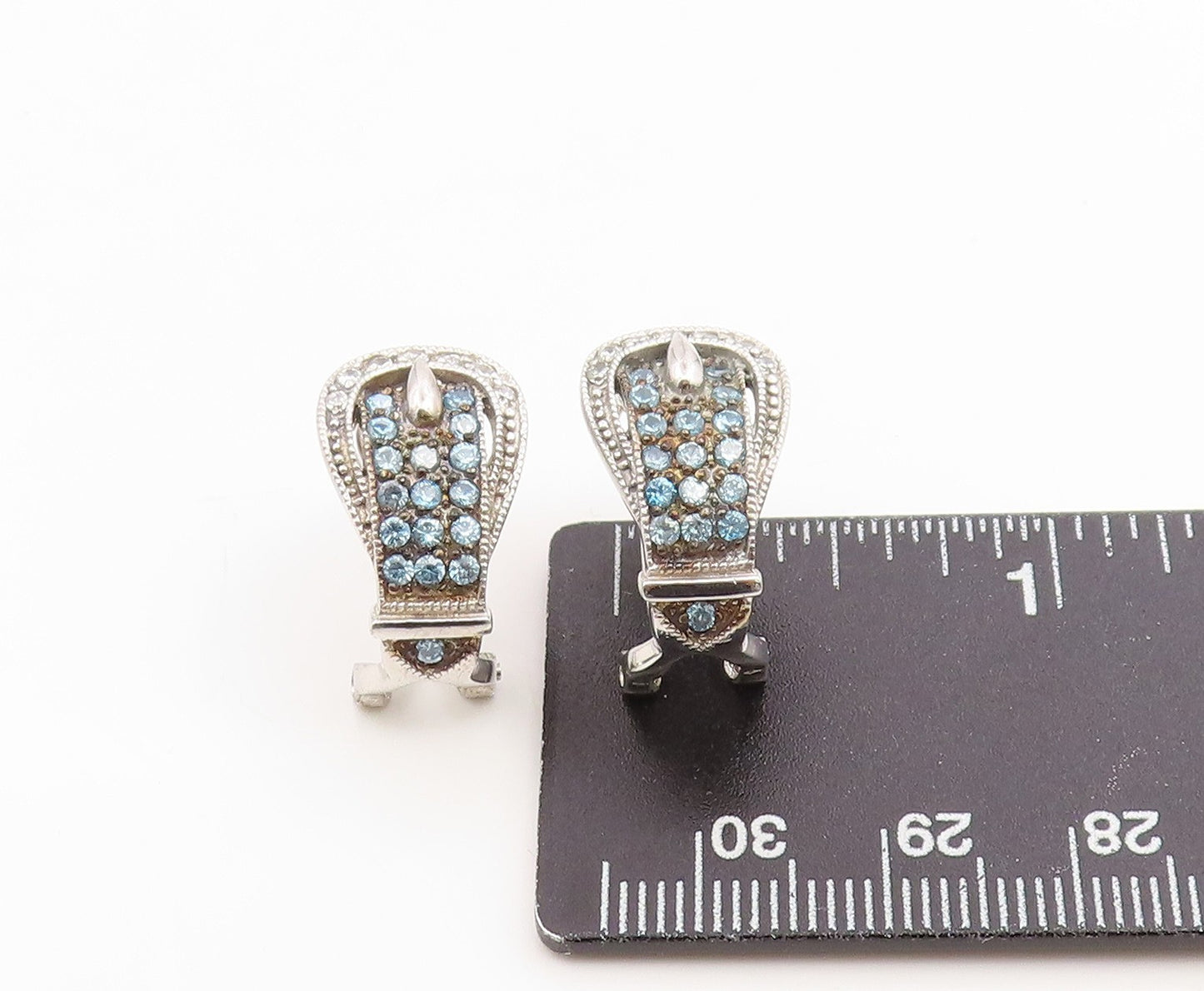 925 Sterling Silver Vintage Earrings Blue Topaz & CZ Belt Buckle Design  EG14345