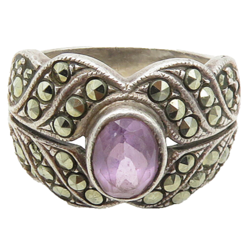 925 Sterling Silver  Vintage Amethyst & Marcasite Band Ring Sz 6.5  RG17351