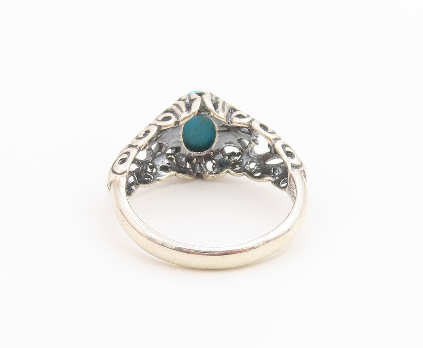 925 Sterling Silver Vintage Ring Cabochon Turquoise Openwork Band  Sz 7  RG36675