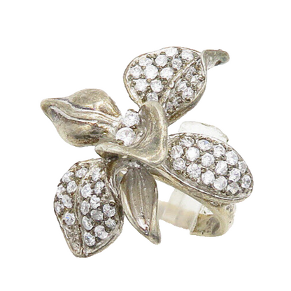 925 Silver  Vintage Cubic Zirconia Flower Motif Cocktail Ring Sz 4.5  RG19842
