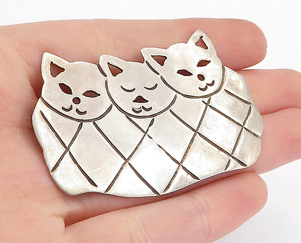 MICHELE MICHEL MEXICO 925 Silver Vintage Etched Triple Cat Brooch Pin BP1588