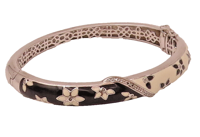 925 Silver  Vintage Diamond & Enamel Floral Clip Lock Bangle Bracelet BT9815