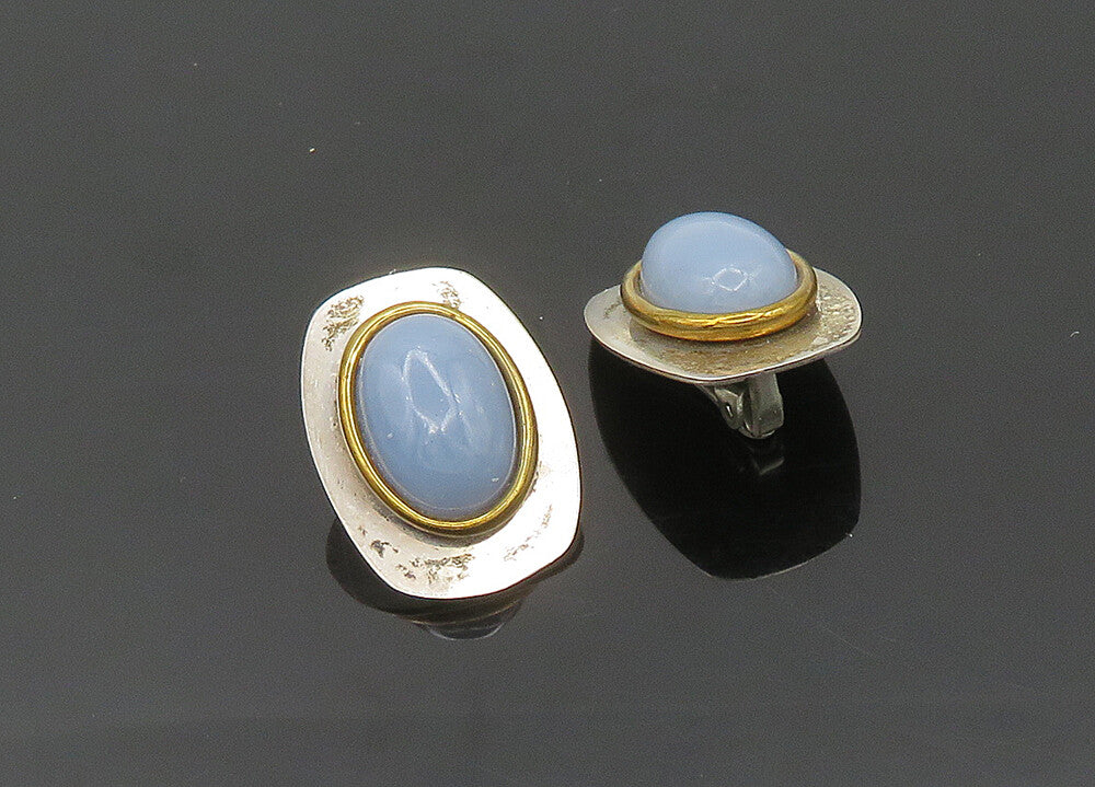 STAMAS 925 Sterling Silver  Vintage Agate 2 Tone Non Pierce Earrings  EG10185