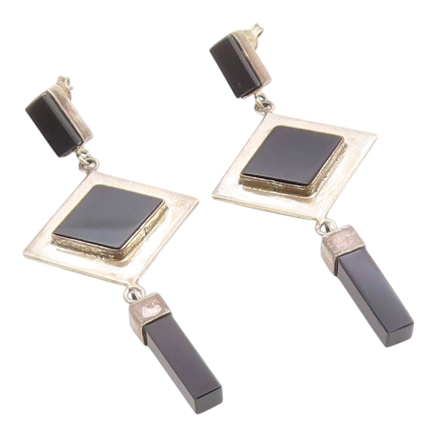925 Sterling Silver Vintage Earrings MEXICO Black Onyx Geometric Dangle  EG14441