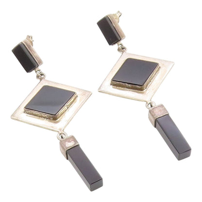 925 Sterling Silver Vintage Earrings MEXICO Black Onyx Geometric Dangle  EG14441