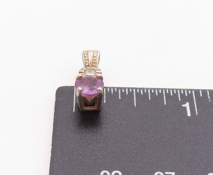 925 Sterling Silver Vintage Pendant Round Amethyst & CZ Etched Charm  PT24751