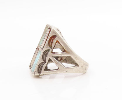925 Sterling Silver Vintage Ring NAVAJO ZUNI Turquoise Inlay Band  Sz 9  RG34024