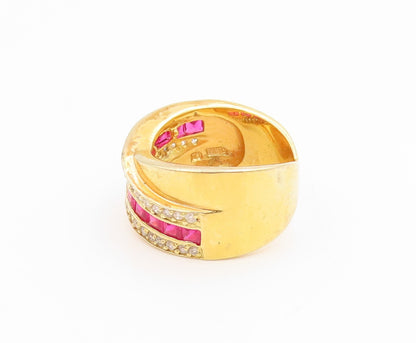 925 Sterling Silver Vintage Ring Gold Plated Ruby & Topaz Crossover Sz 7 RG35988