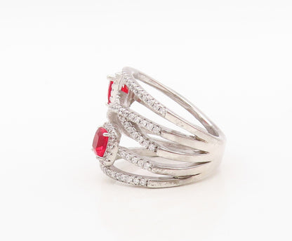 925 Sterling Silver Vintage Ring Designer Cut Red & White CZ Bands Sz 7  RG30498