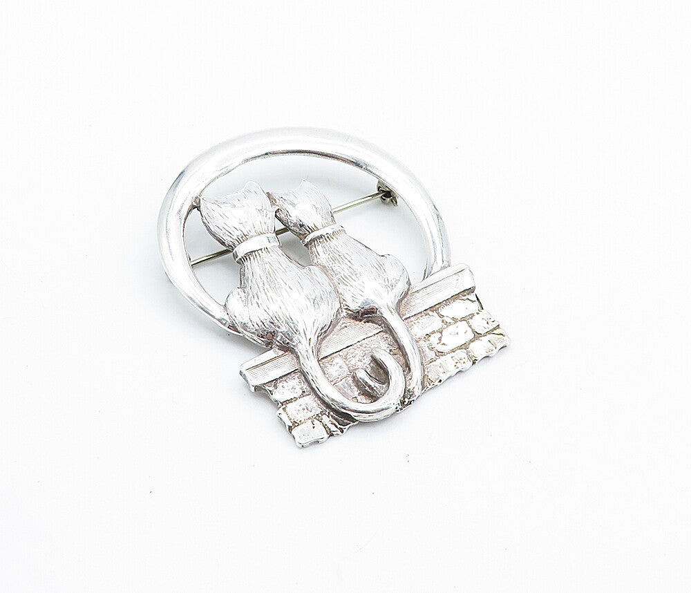 MEXICO 925 Sterling Silver  Vintage Sitting Cat Couple Brooch Pin  BP2634