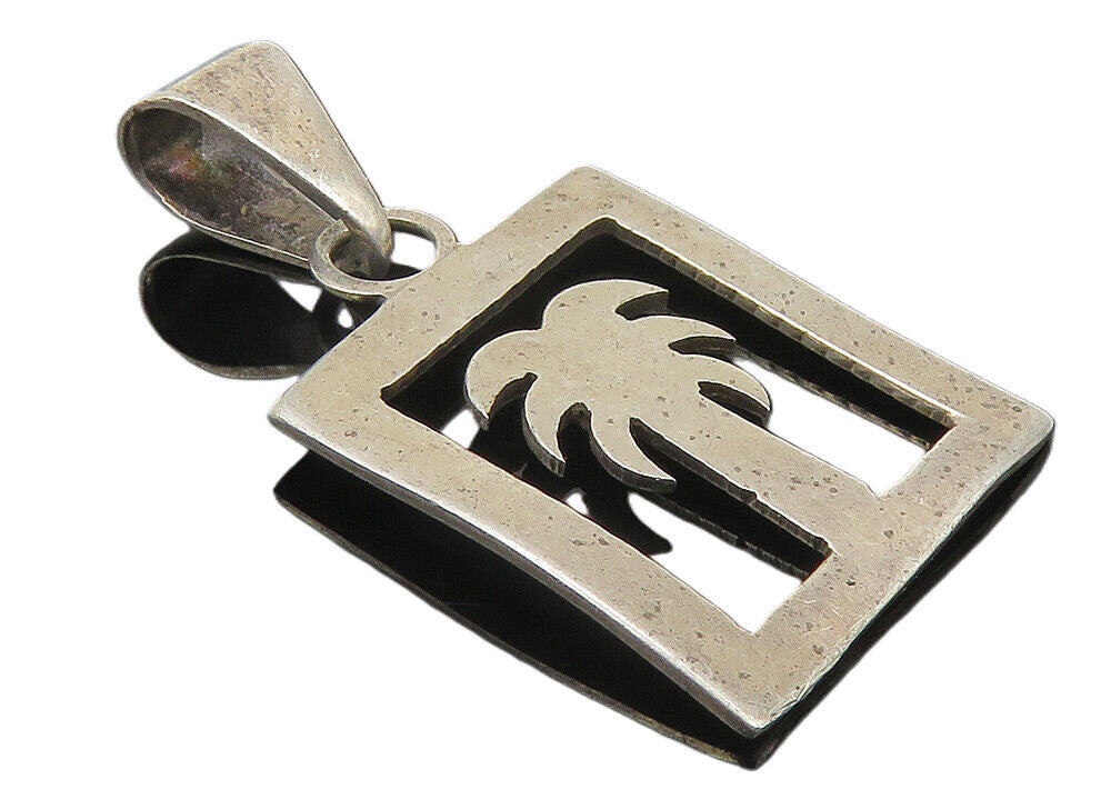 925 Sterling Silver  Vintage Dark Tone Cutout Palm Tree Square Pendant  PT8524