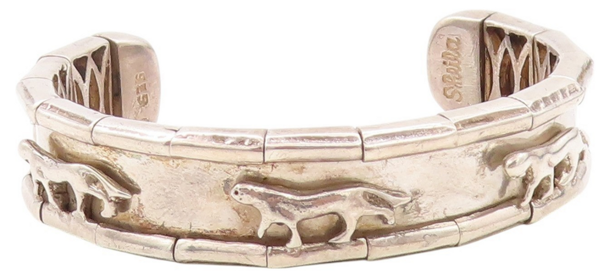 925 Sterling Silver Vintage Bracelet SHEILA Solid Walking Tigers Cuff  BT11193