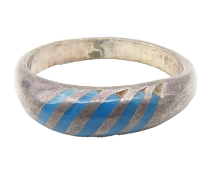 MEXICO 925 Silver  Vintage Inlaid Turquoise Striped Band Ring Sz 4.5  RG10778