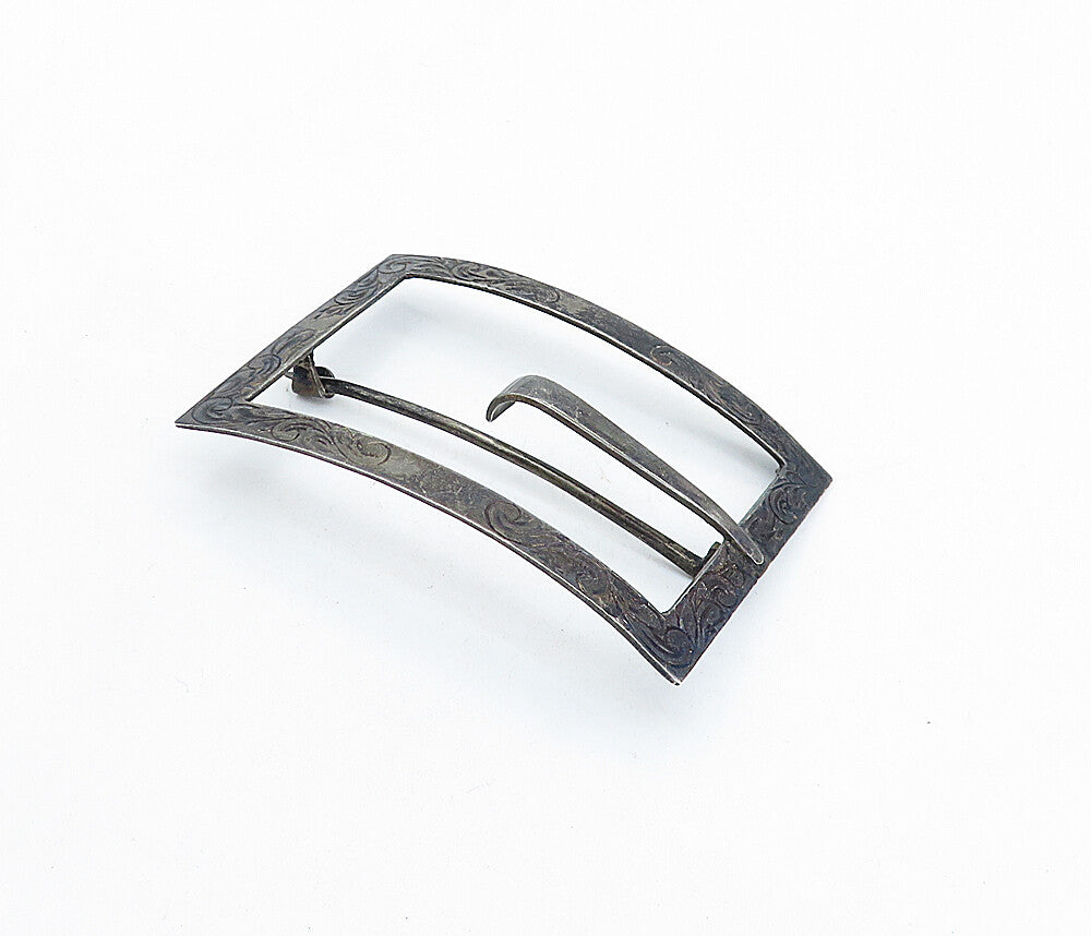 925 Sterling Silver  Vintage Oxidized Swirl Etched Pattern Belt Buckle  TR1191