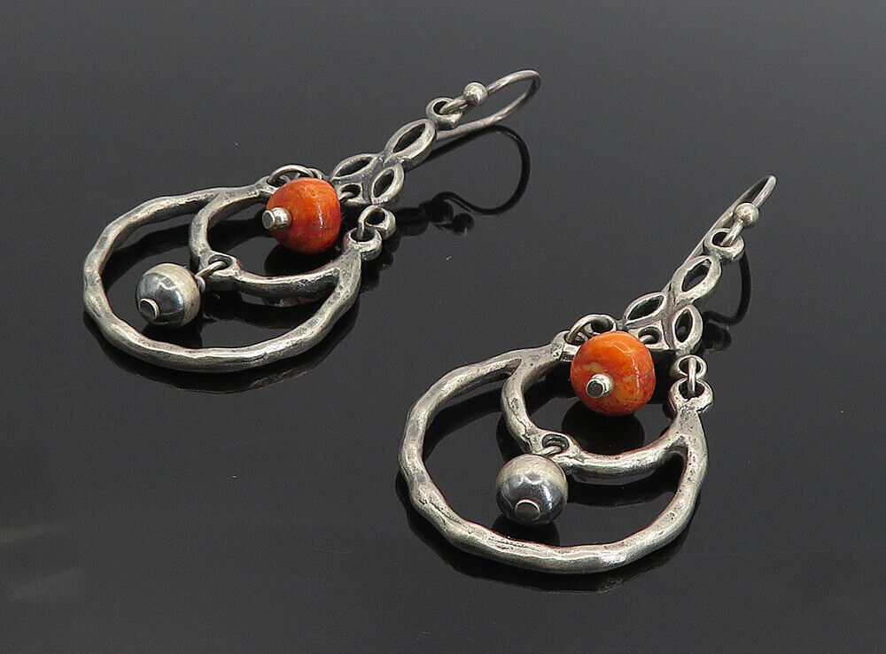 925 Sterling Silver   Vintage Jasper Beaded Dark Tone Dangle Earrings  EG4390