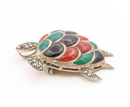 925 Sterling Silver Vintage Brooch Pin Multi Gemstone Turtle Charm  BP12276