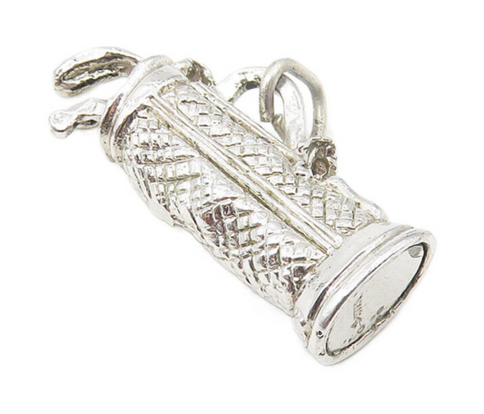 925 Sterling Silver  Vintage Shiny Bag Of Golf Clubs Drop Pendant  PT8804
