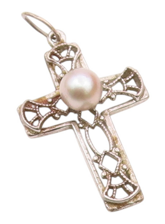 925 Silver  Vintage Openwork Religious Cross Fresh Water Pearl Pendant PT21319