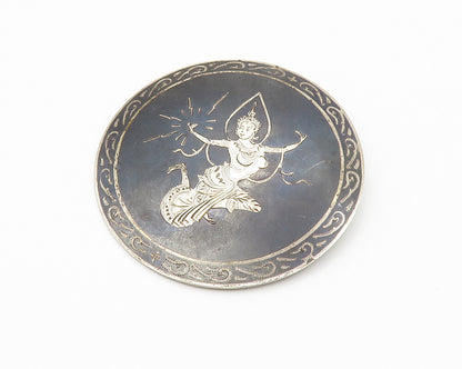 SIAM 925 Sterling Silver  Vintage Enamel Niello Dancer Brooch Pin  BP5358