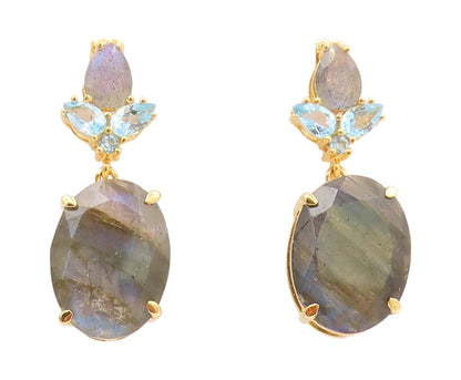 925 Sterling Silver Vintage Earrings Gold Plated Labradorite & Topaz  EG13380
