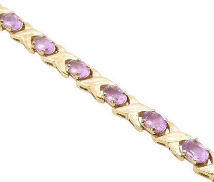 925 Sterling Silver  Amethyst Shiny Gold Plated XO Chain Bracelet  BT5822