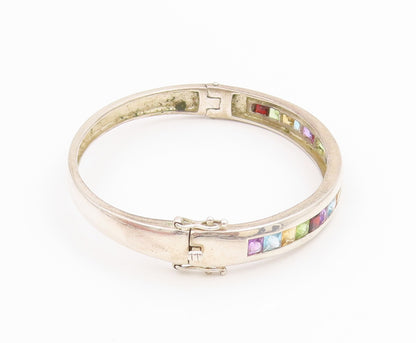 925 Sterling Silver Vintage Bracelet Multi Gemstone Channel Set Bangle  BT11660