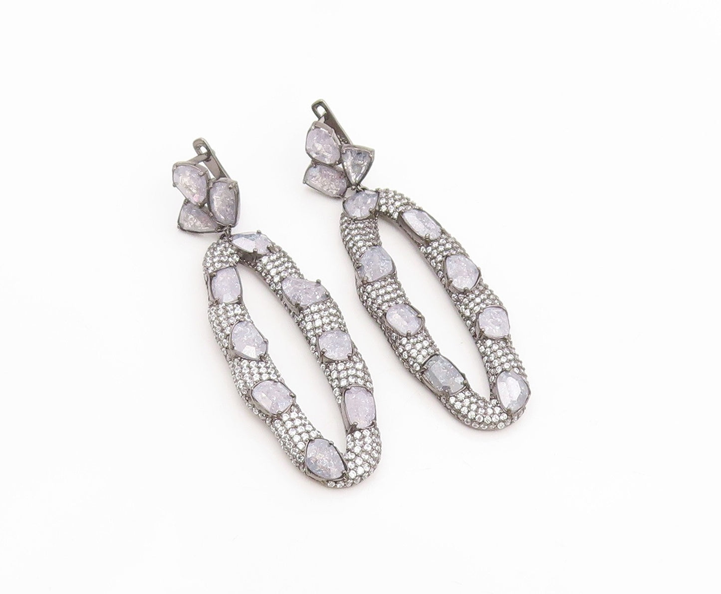 925 Sterling Silver Vintage Earrings Drusy Quartz & Topaz Oval Drop  EG14234