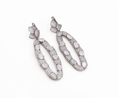 925 Sterling Silver Vintage Earrings Drusy Quartz & Topaz Oval Drop  EG14234