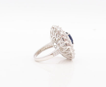 925 Sterling Silver Vintage Ring Sapphire & CZ Floral Inlay  Sz 7.5  RG29808