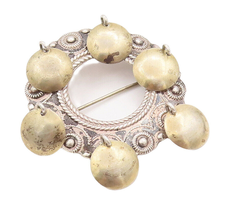 925 Sterling Silver Vintage Brooch Pin Europe Carved Ring Dangling Coins BP10892