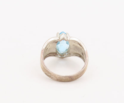 925 Sterling Silver Vintage Ring Solid Marquise Cut Blue CZ  Sz 10.5  RG29087