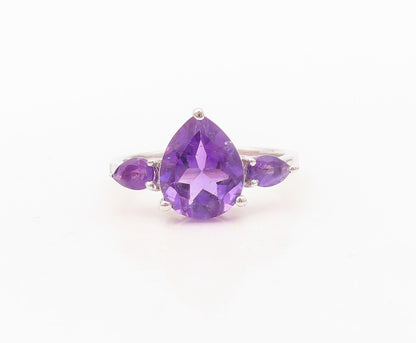 925 Sterling Silver Vintage Ring Minimalist Drop Cut 3 Amethyst  Sz 7  RG30392