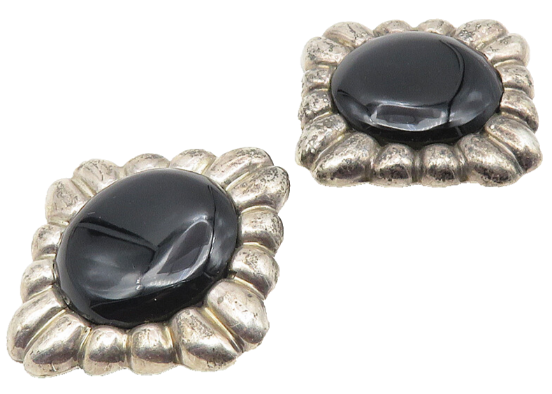MEXICO 925 Sterling Silver Vintage Black Onyx Wavy Non Pierce Earrings  EG5738