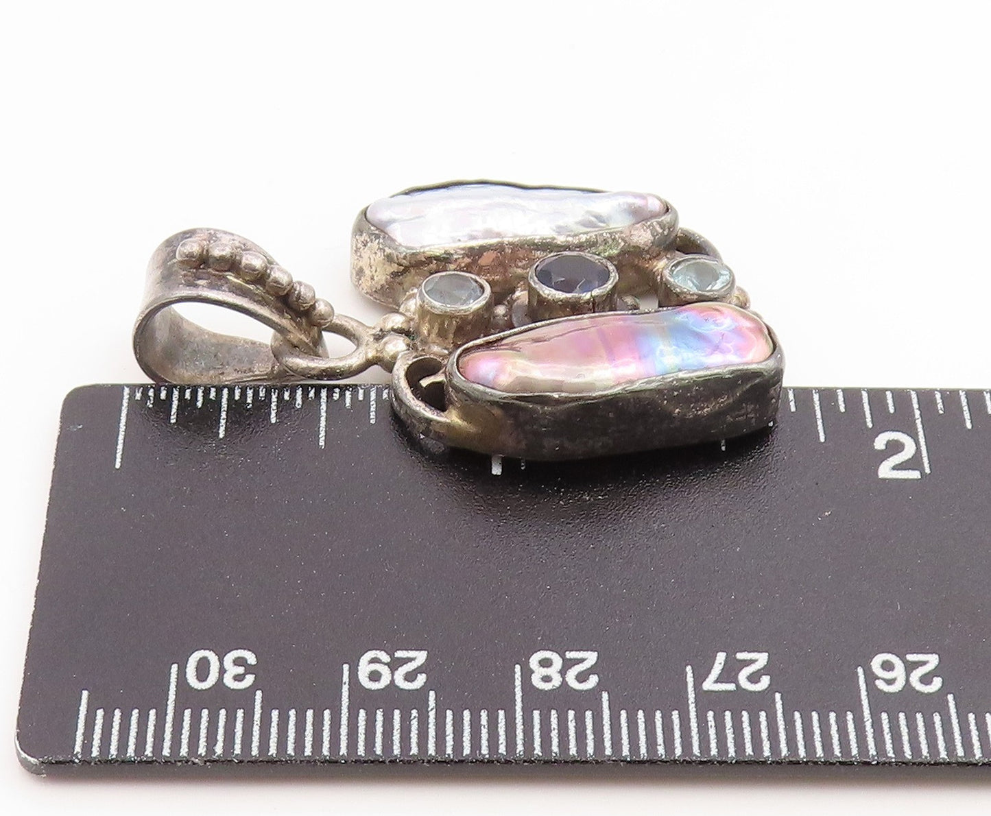 925 Sterling Silver Vintage Pendant Mother Of Pearl & Amethyst Charm  PT25913