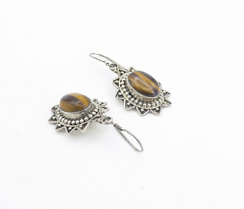 925 Sterling Silver  Vintage Cabochon Cut Tiger's Eye Dangle Earrings  EG3747