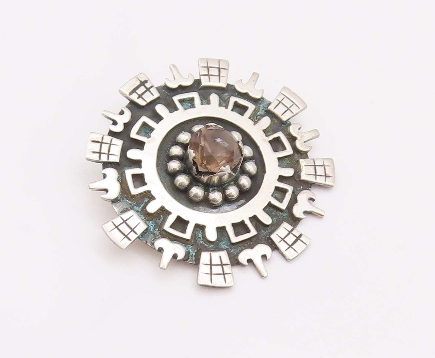 925 Sterling Silver Vintage Pendant LOS BALLESTEROS Carved Circular Gem  PT22957