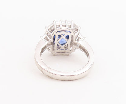 925 Sterling Silver Vintage Ring Rectangle Sapphire Halo CZ  Sz 7.5  RG29041