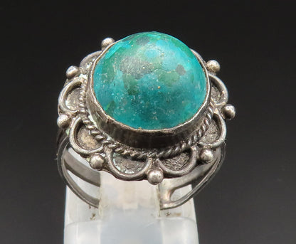 925 Sterling Silver Vintage Cabochon Cut Chrysocolla Flower Ring Sz 8 RG24730