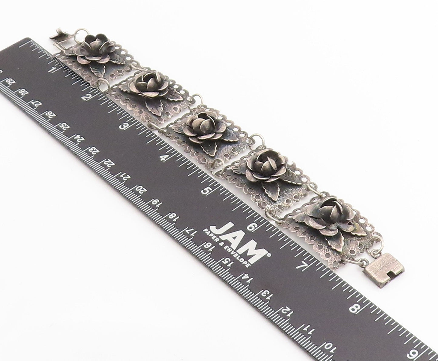 925 Sterling Silver Vintage Bracelet Dark Tone Floral Roses Link Chain  BT11429