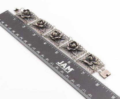925 Sterling Silver Vintage Bracelet Dark Tone Floral Roses Link Chain  BT11429
